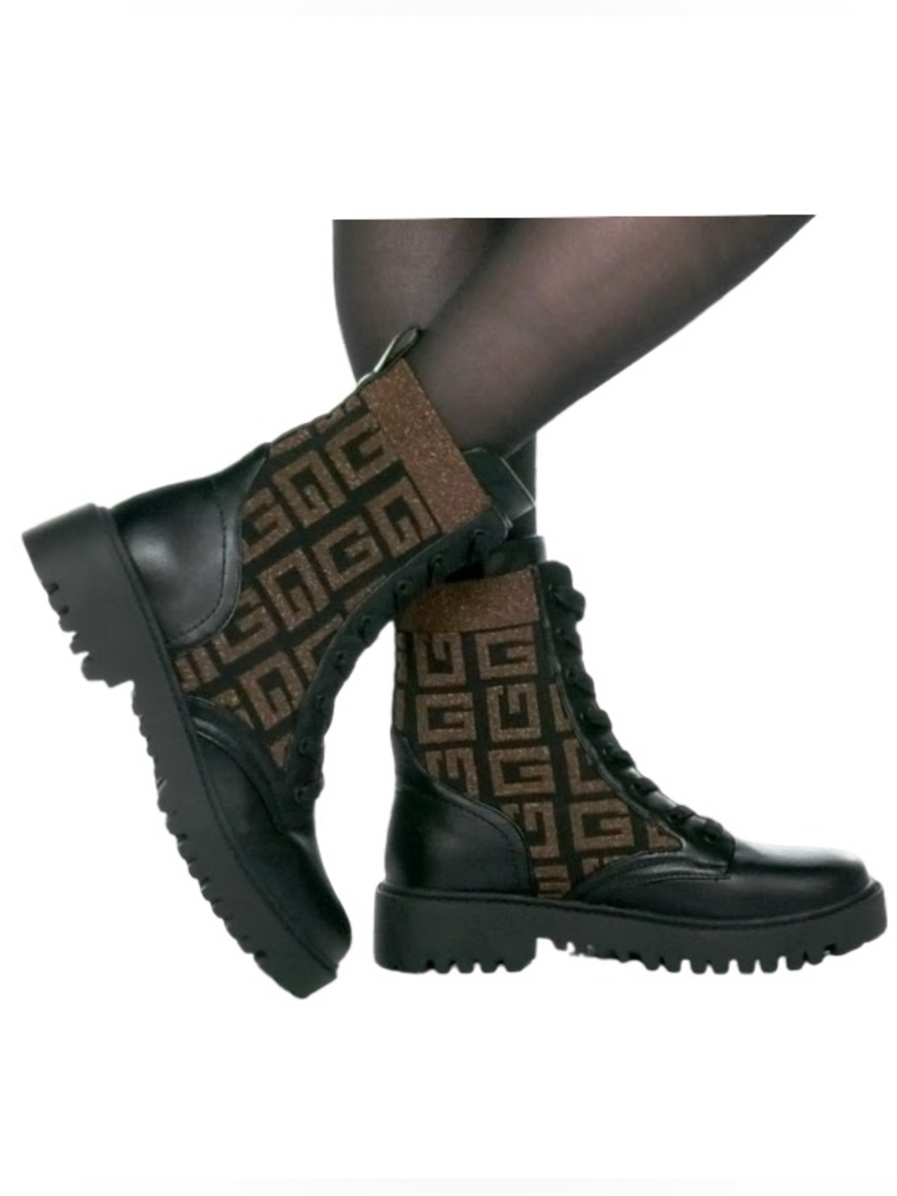 ◾️🤎 Guess Black Lace-Up Combat Boot with Bronze Metallic Panels 🤎◾️